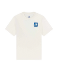 Cream-colored short-sleeved t-shirt with blue rectangular the north face logo patch on left chest from the north face x aime leon dore