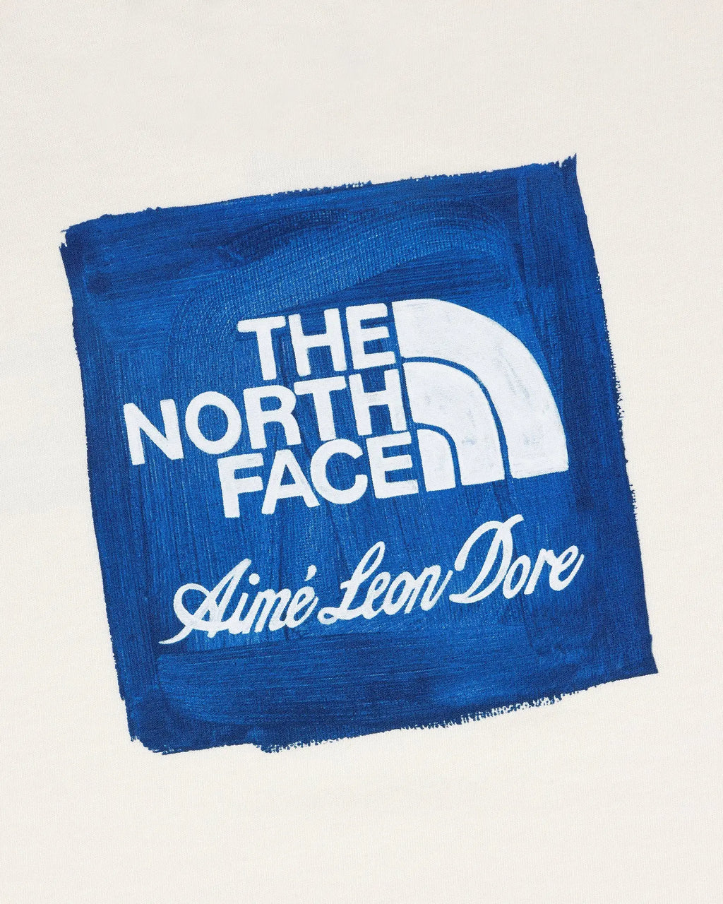 A vibrant blue textured fabric patch with the north face logo and aimé leon dore on the back of an ivory t-shirt