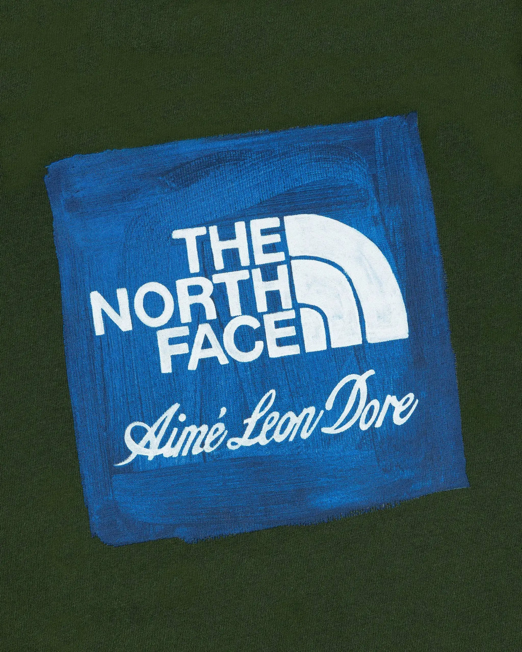 Blue square patch with white the north face logo and aimé leon dore script stitched on dark green t shirt fabric
