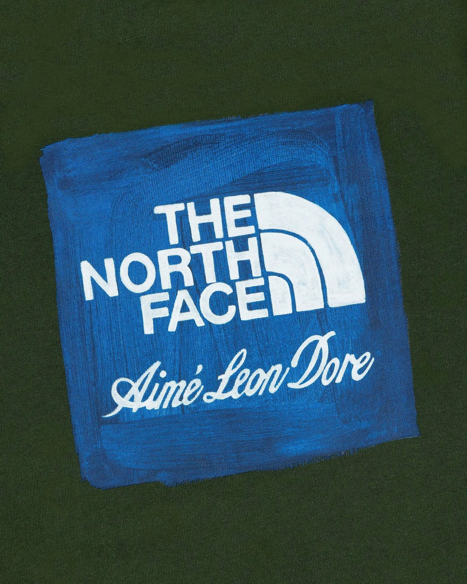 Blue square patch with white the north face logo and aimé leon dore script stitched on dark green t shirt fabric
