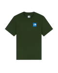 Olive green short-sleeved t-shirt with blue square logo and white text on left chest from the north face x aime leon dore