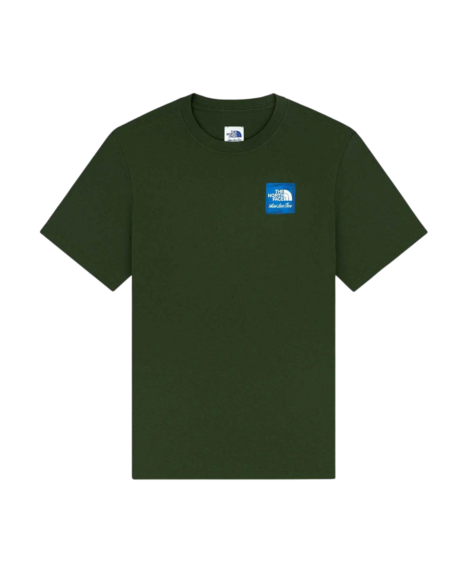 Olive green short-sleeved t-shirt with blue square logo and white text on left chest from the north face x aime leon dore