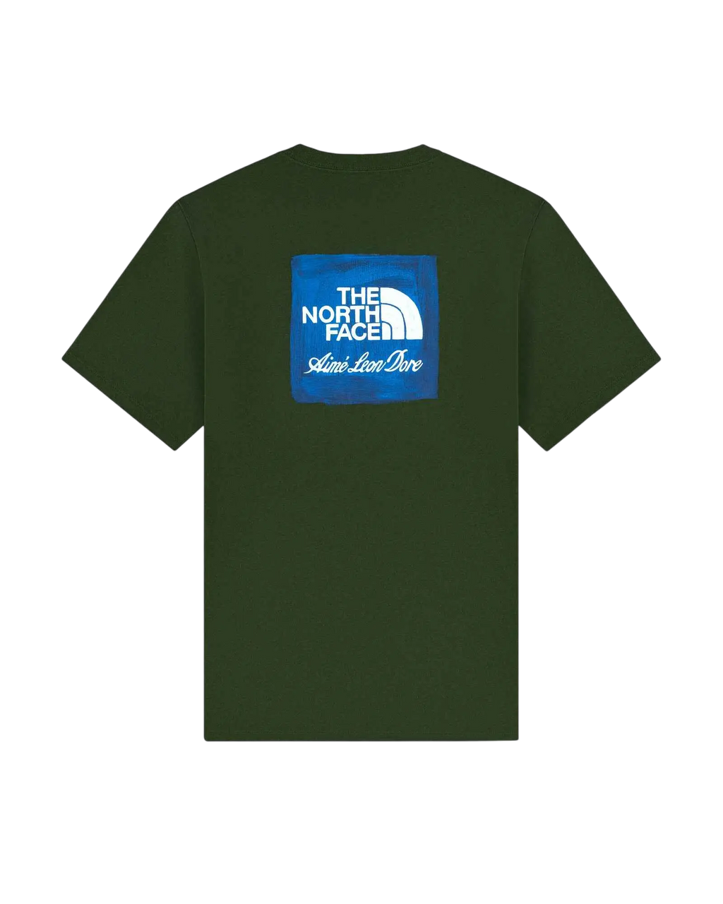 Olive green short-sleeved t-shirt with blue square logo featuring the north face and aime leon dore text