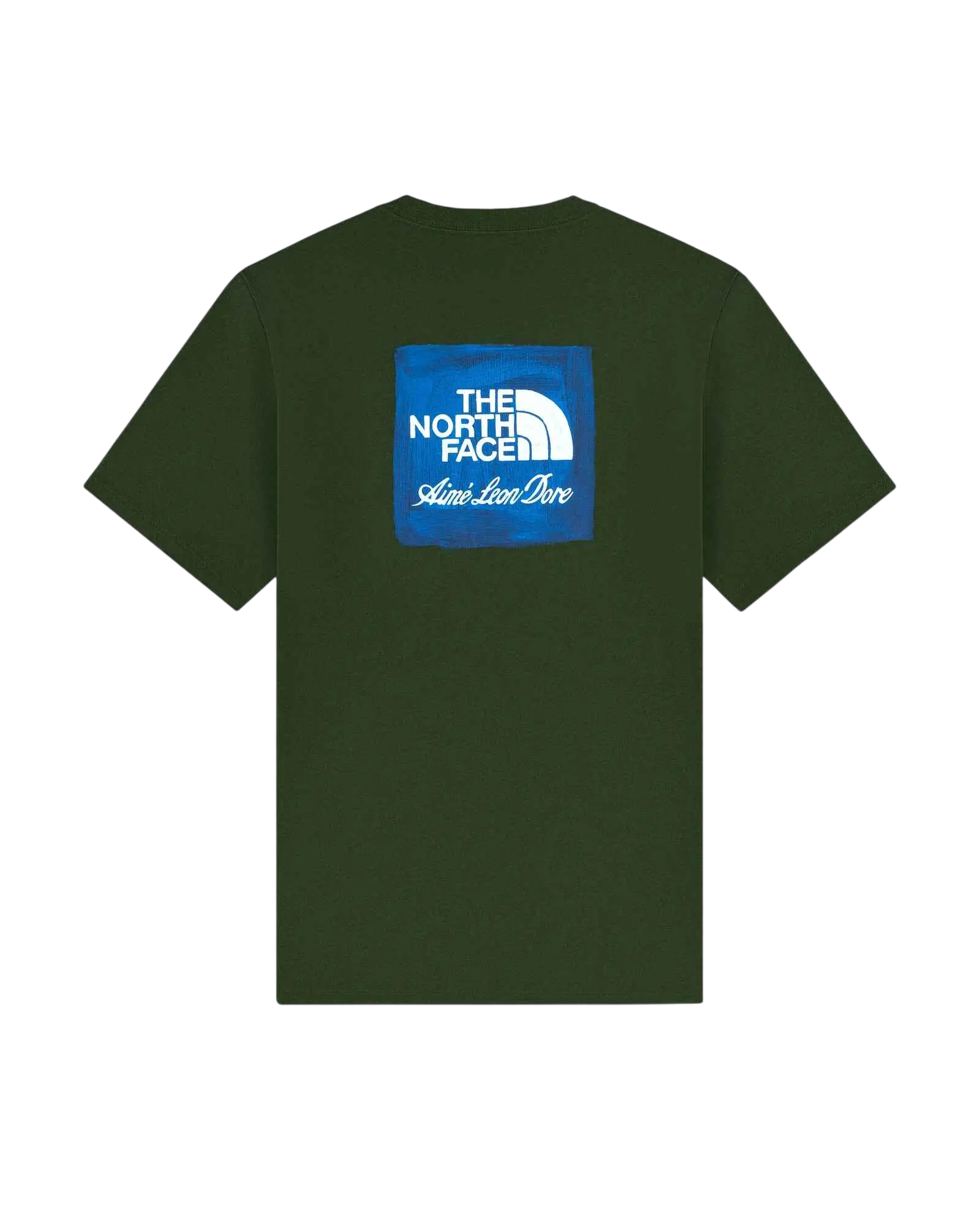 Olive green short-sleeved t-shirt with blue square logo featuring the north face and aime leon dore text