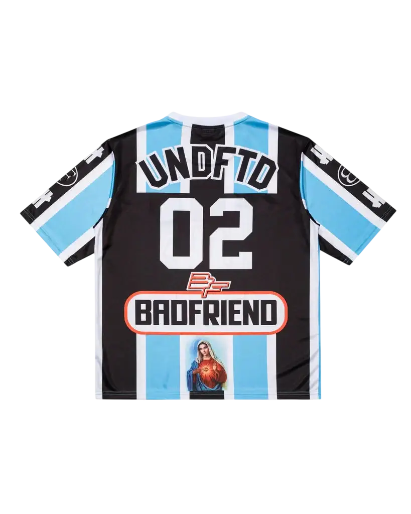 Black and light blue striped soccer jersey with undefeated 02 and red badfriend virgin mary logo front design