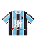 Black and light blue striped soccer jersey with white trim featuring bold badfriend logo by undefeated x badfriend