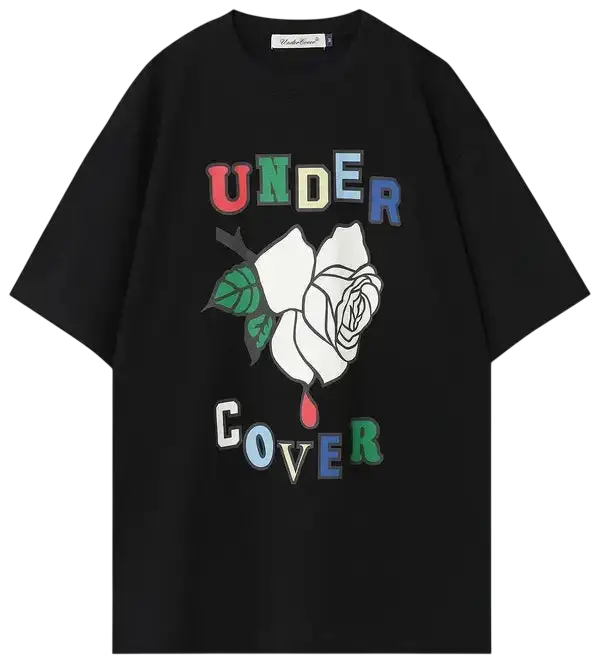 Black short-sleeved undercover logo rose t-shirt featuring colorful graphic with white rose green leaves and red droplets