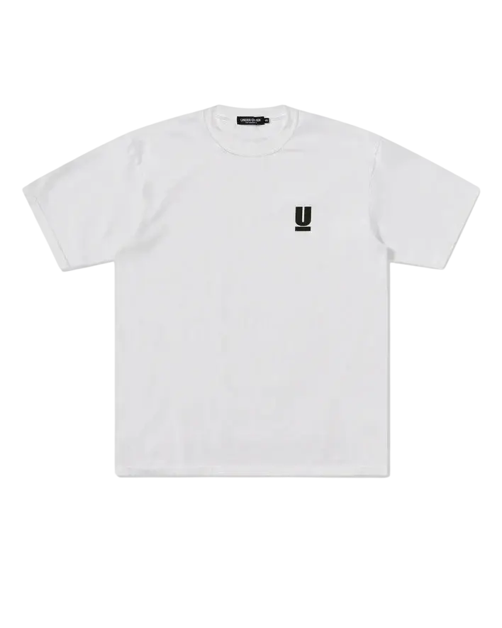 White cotton undercover we make noise not clothes t-shirt with small black u logo on left chest