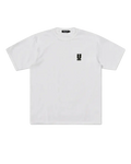 White cotton undercover we make noise not clothes t-shirt with small black u logo on left chest