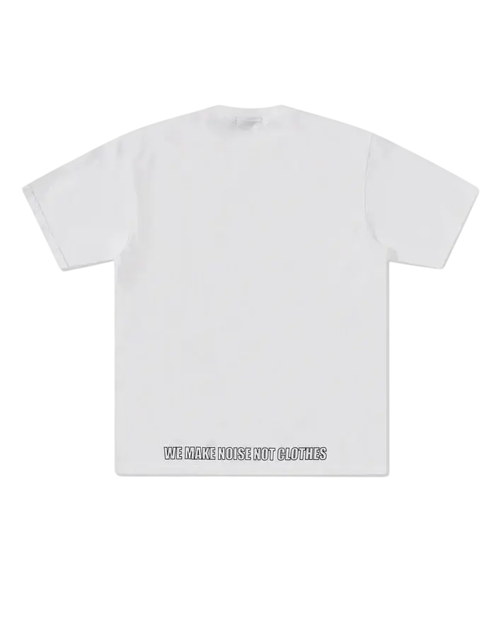 White cotton Undercover We Make Noise Not Clothes t-shirt with minimalist black text printed on the bottom hem