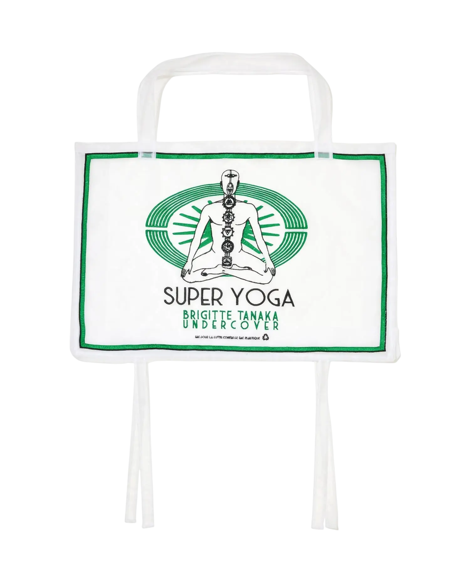 Undercover women’s white tote bag with green border and meditating figure graphic for yoga use