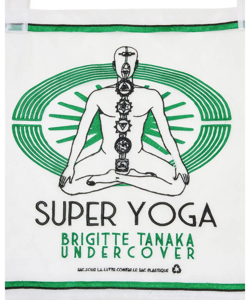 Undercover women’s white tote bag with green embroidered chakra design and super yoga text for yoga use