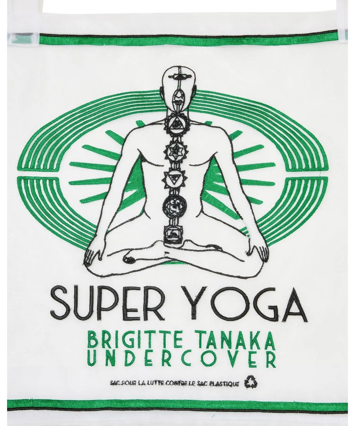 Undercover women’s white tote bag with green embroidered chakra design and super yoga text for yoga use