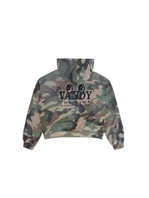 Vandy the pink camo studded zip up camouflage hooded jacket with black and silver Vandy the hunk logo embroidered across chest