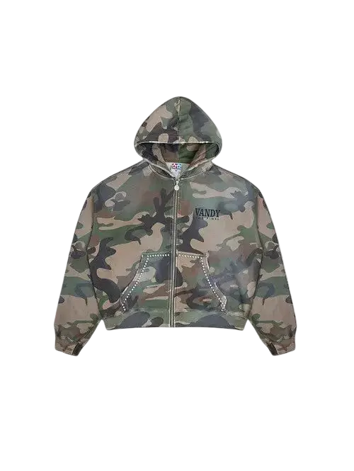 Vandy the Pink camo studded zip up is a camouflage hooded jacket with silver stitching and a subtle vandy logo on the chest