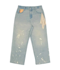 Vandy the Pink Fries Trompe Loeil denim light-wash distressed jeans with paint splatter and orange beige pocket accents