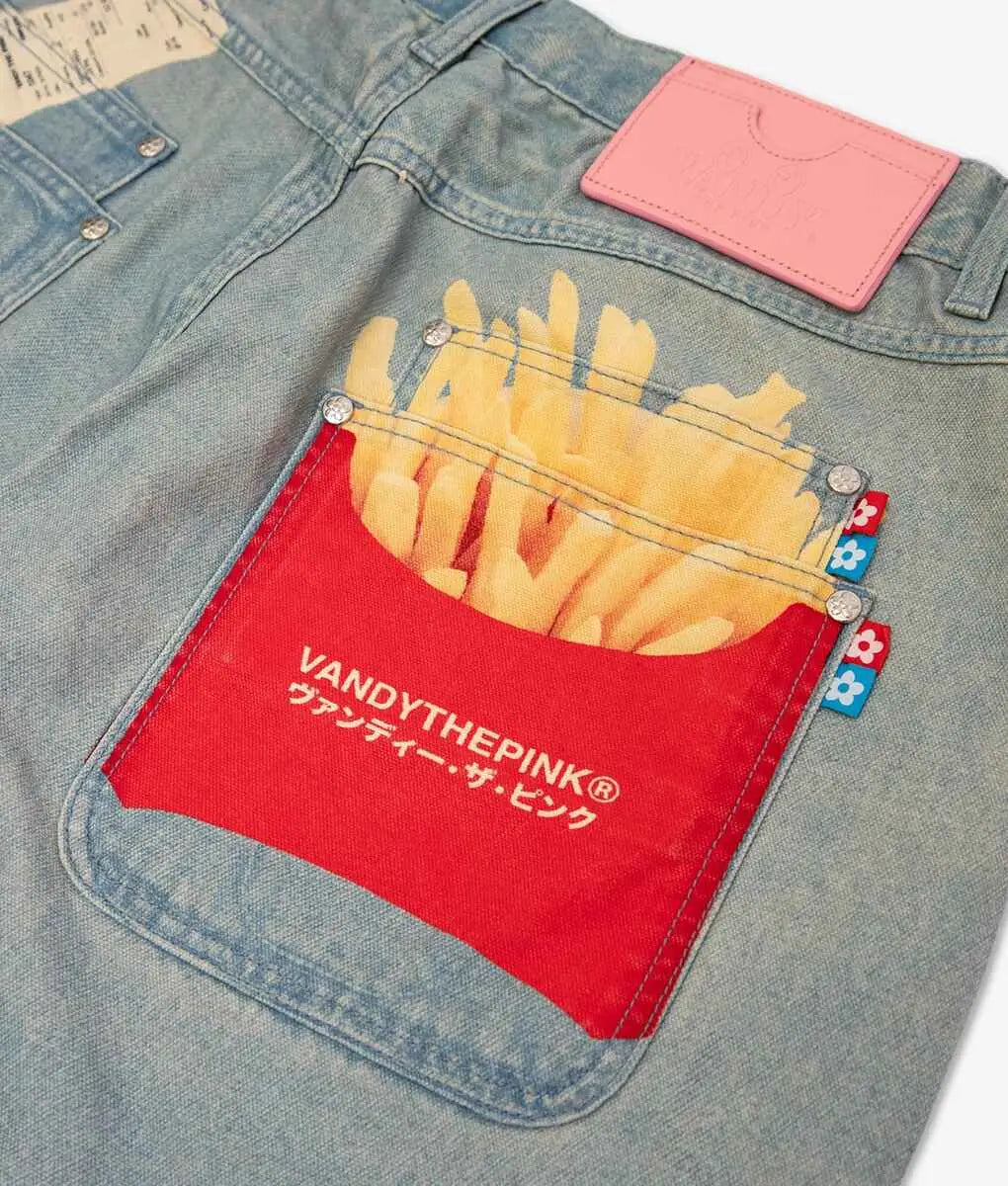 A red pocket on denim jeans with golden french fries design and vandythepink branding on the back side