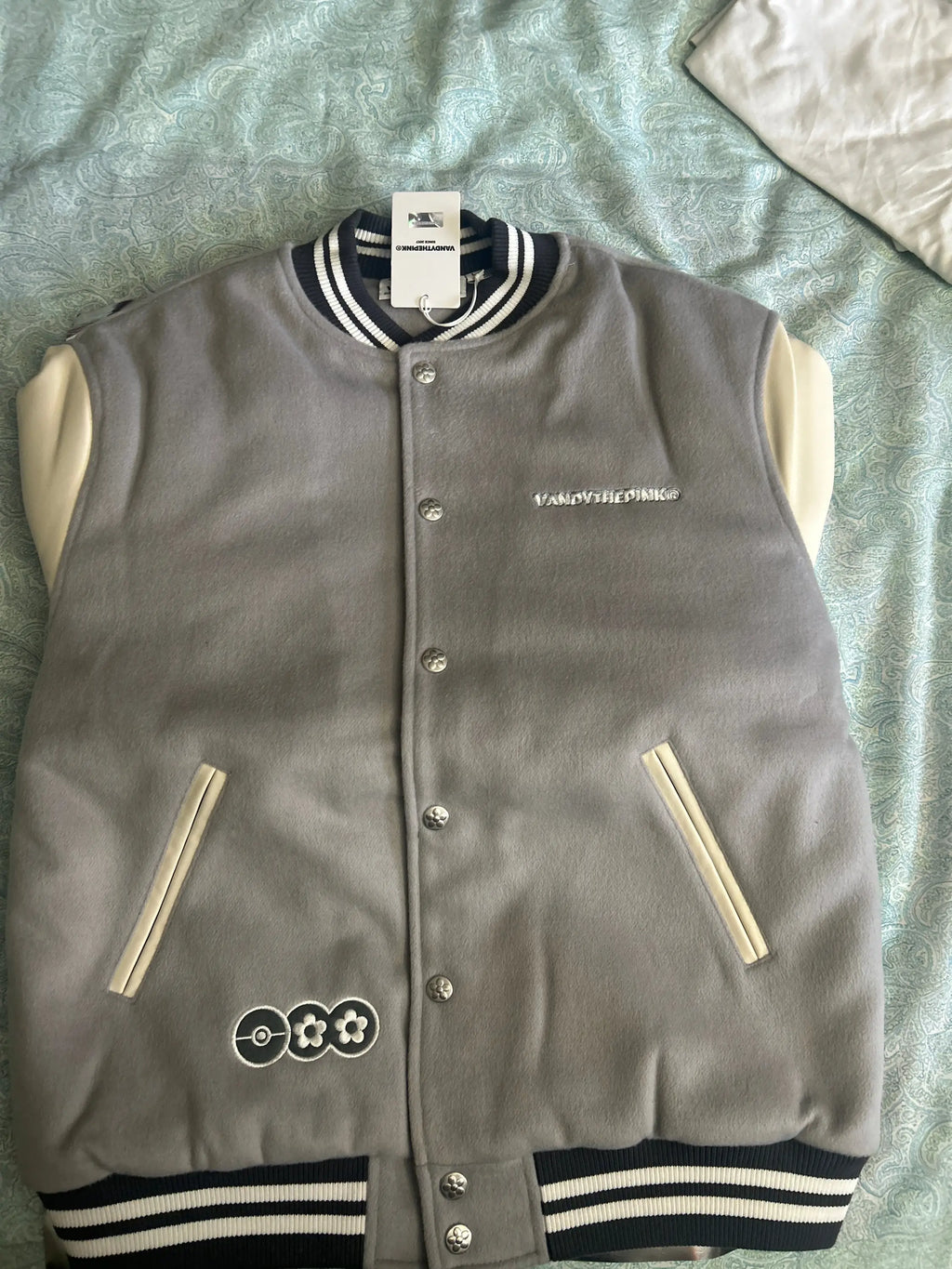 Vandy the Pink Picachu Flower Varsity Jacket Gray Large