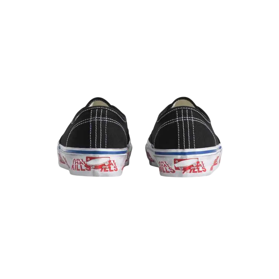 Back view of black canvas vans authentic reissue 44 gallery dept art that kills sneakers with white stitching and red blue branding