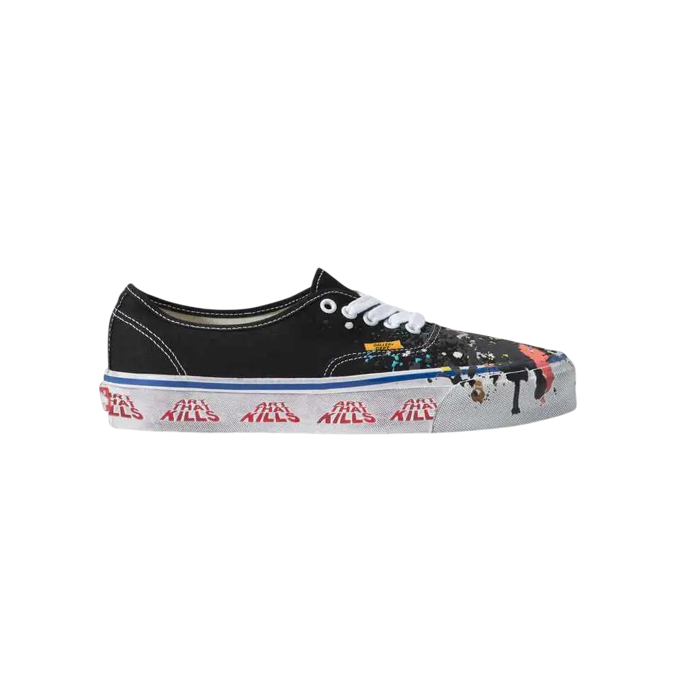 Black canvas Vans Authentic Reissue 44 sneaker with white laces and red kills print on speckled paint-splatter upper