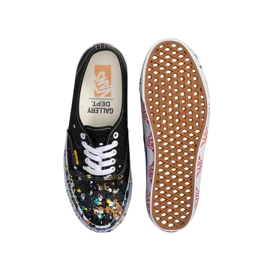 Black vans authentic reissue 44 gallery dept art that kills sneakers with paint splatter design white laces and soles