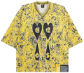 Yellow short-sleeved v-neck hockey jersey with marbled black and white pattern and bold black heart graphics by Vans OTW x Sterling Ruby