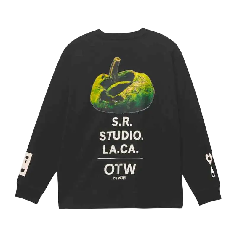 Black long-sleeve Vans OTW x Sterling Ruby sweatshirt with green and yellow abstract pumpkin graphic and white s.r. text