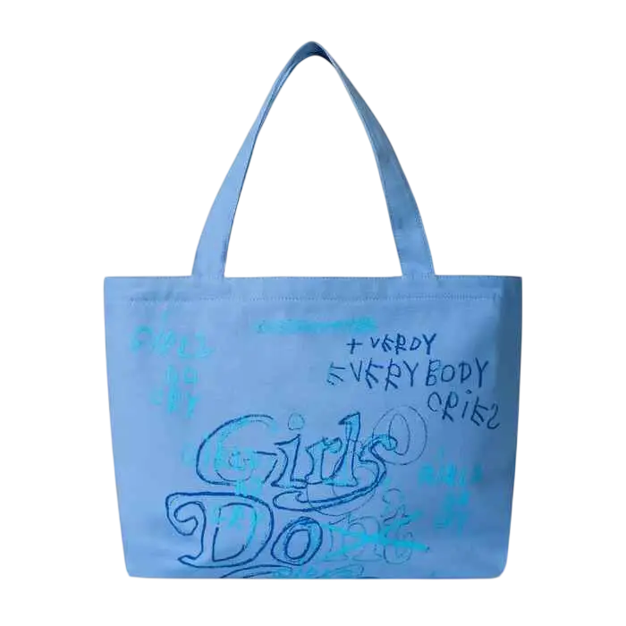 Light blue canvas tote bag with handwritten style text and doodles by Verdy for Dover Street Market Girls Dont Cry