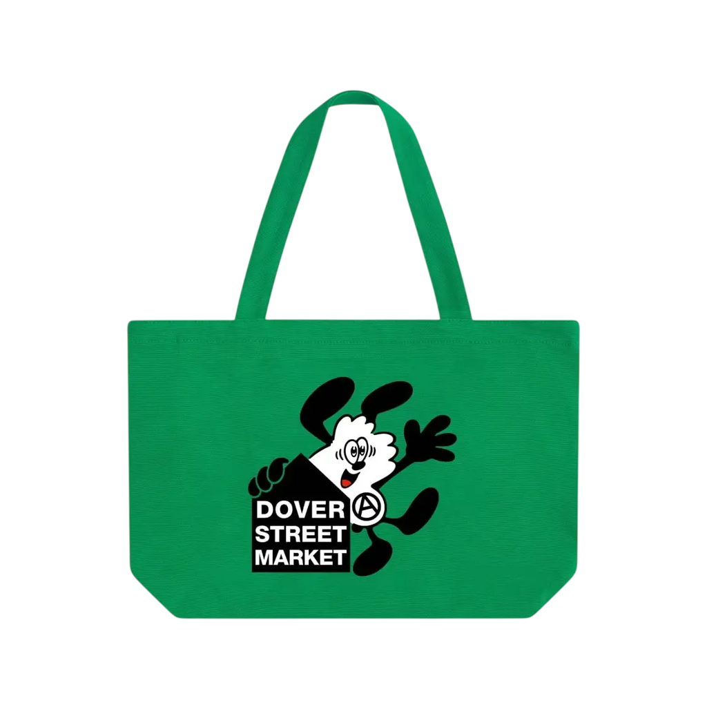 Green canvas tote bag with black and white cartoon character and dover street market logo with verdy keychain