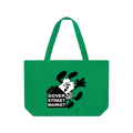 Green canvas tote bag with black and white cartoon character and dover street market logo with verdy keychain