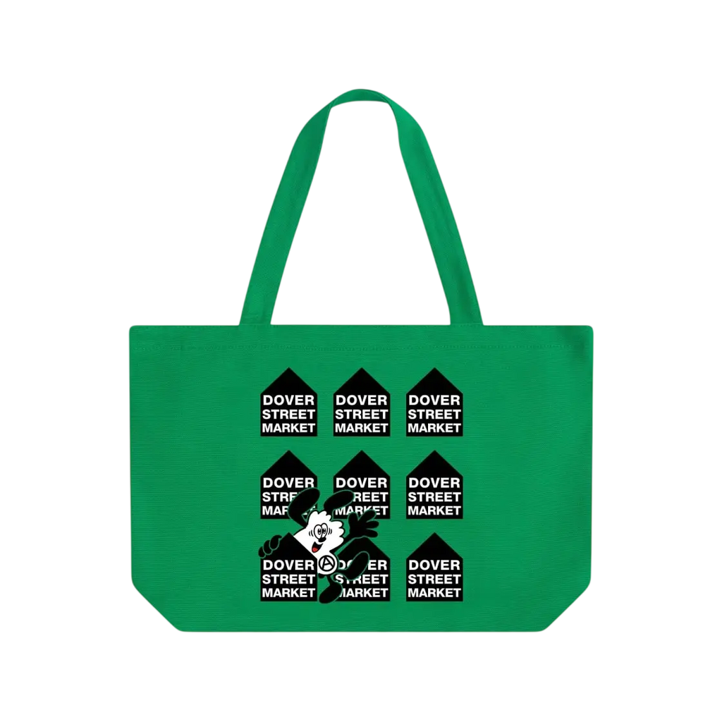 Green canvas tote bag with black house logos and cartoon design by Verdy’s Gift Shop x Dover Street Market with keychain