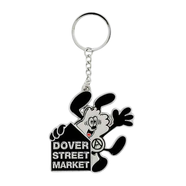 Silver enamel keychain featuring the dover street market mascot in black and white from verdys gift shop x dover street market tote pink