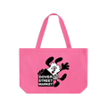 A vibrant pink canvas tote bag with a black and white cartoon character and dover street market logo with verdy keychain