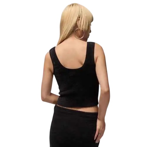 Women’s air jordan fuzzy black tank top with cropped knit fabric square neckline and back cutout shown from back side