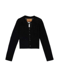 Women’s brain dead mesh knit spiral cardigan in black with ribbed texture and button closure