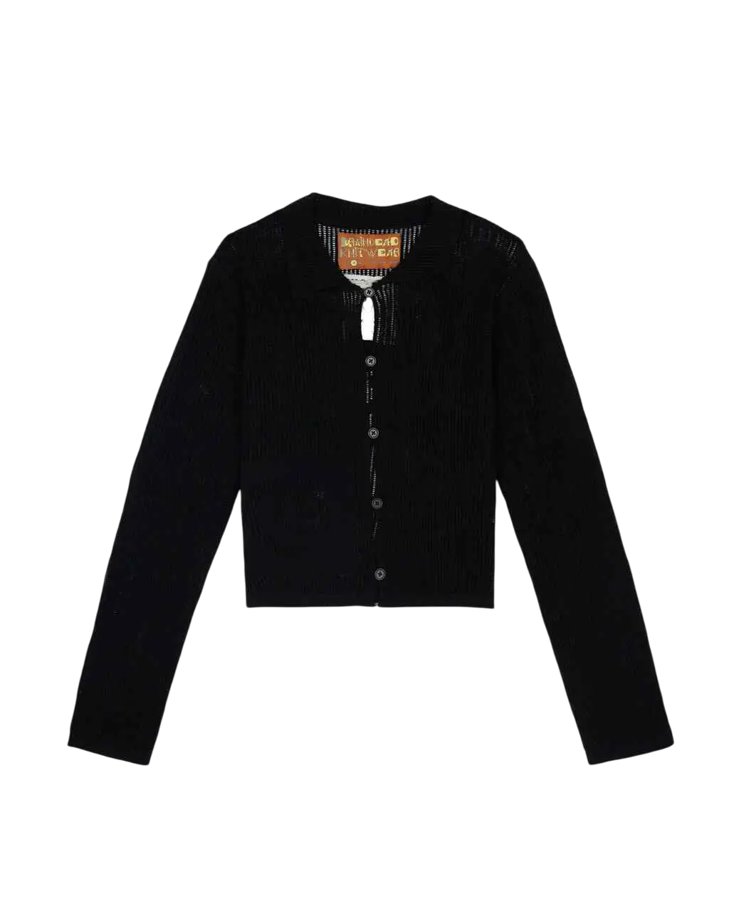 Women’s brain dead mesh knit spiral cardigan in black with ribbed texture and button closure