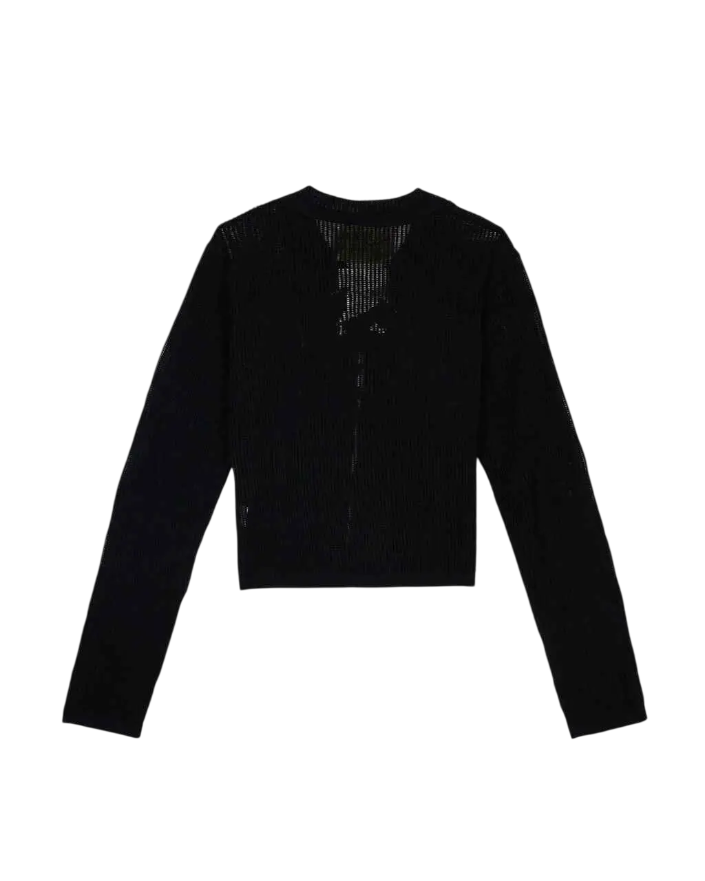 Women’s brain dead black mesh knit cropped cardigan with subtle shimmering pattern on front and shoulders