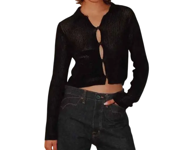 Women’s brain dead mesh knit spiral cardigan black featuring ribbed knit fabric with vertical front cutouts cropped style
