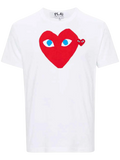 Women’s cdg play white cotton t-shirt with bold red heart and blue eyes featuring a smaller matching heart design