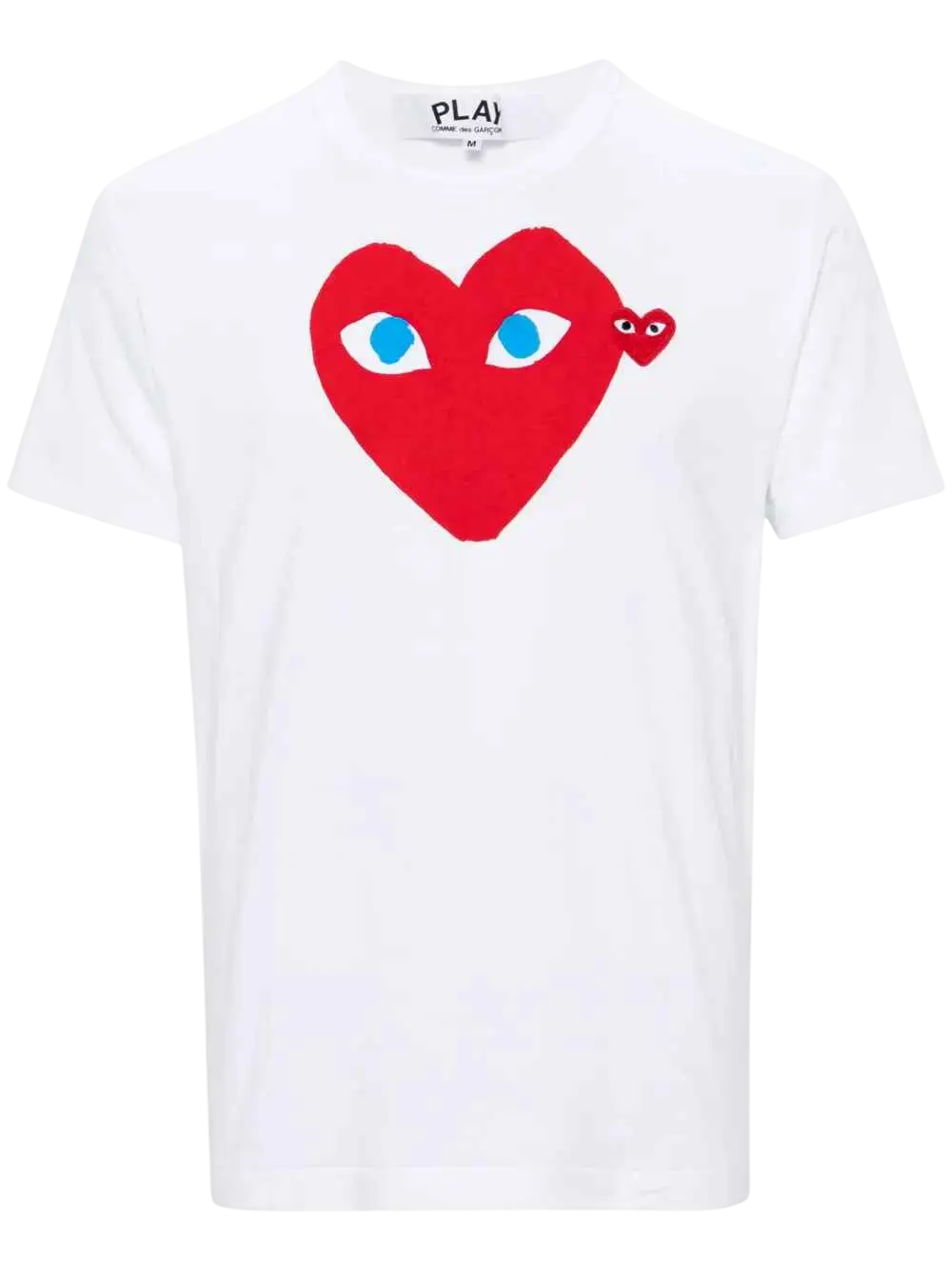 Women’s cdg play white cotton t-shirt with bold red heart and blue eyes featuring a smaller matching heart design