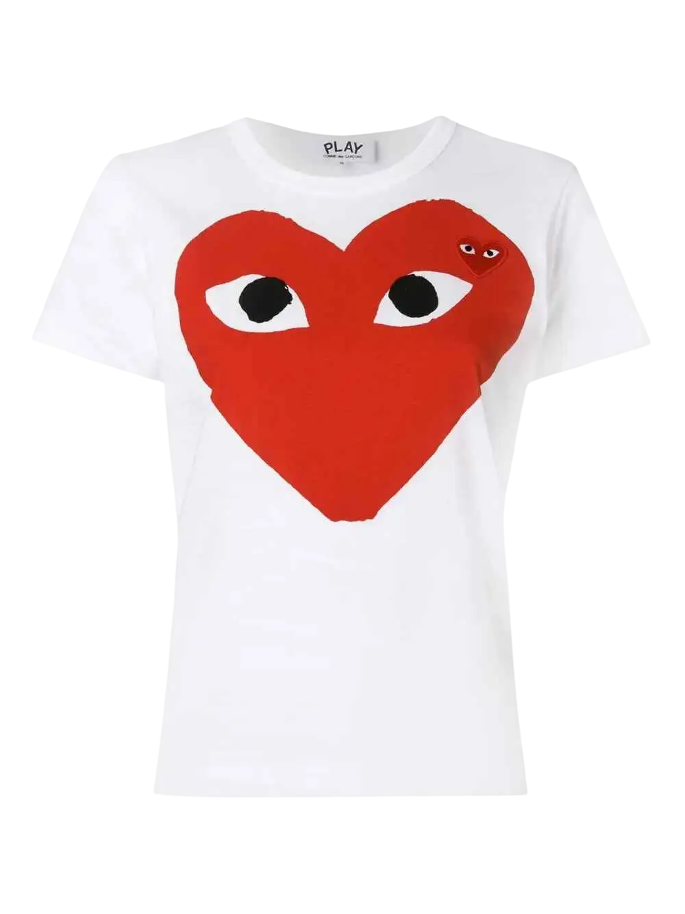 Women’s cdg play white cotton t-shirt with bold red heart and small black embroidered eyes on the upper right side