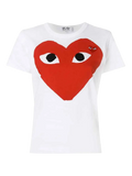Women’s cdg play white cotton t-shirt with bold red heart and small black embroidered eyes on the upper right side