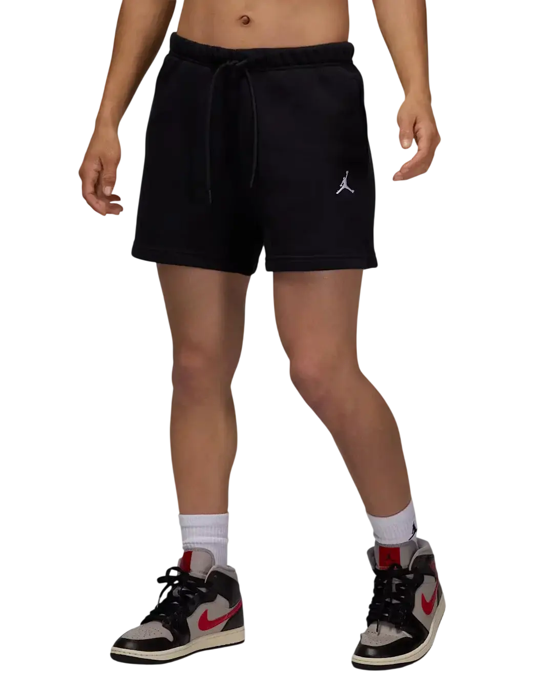 Women’s jordan brooklyn essential fleece shorts in black with white jumpman logo and drawstring waist