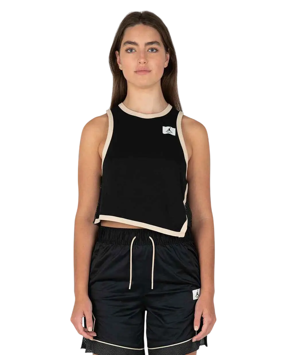 Women’s Jordan essentials jersey tank black featuring a black and cream athletic design with contrasting trim