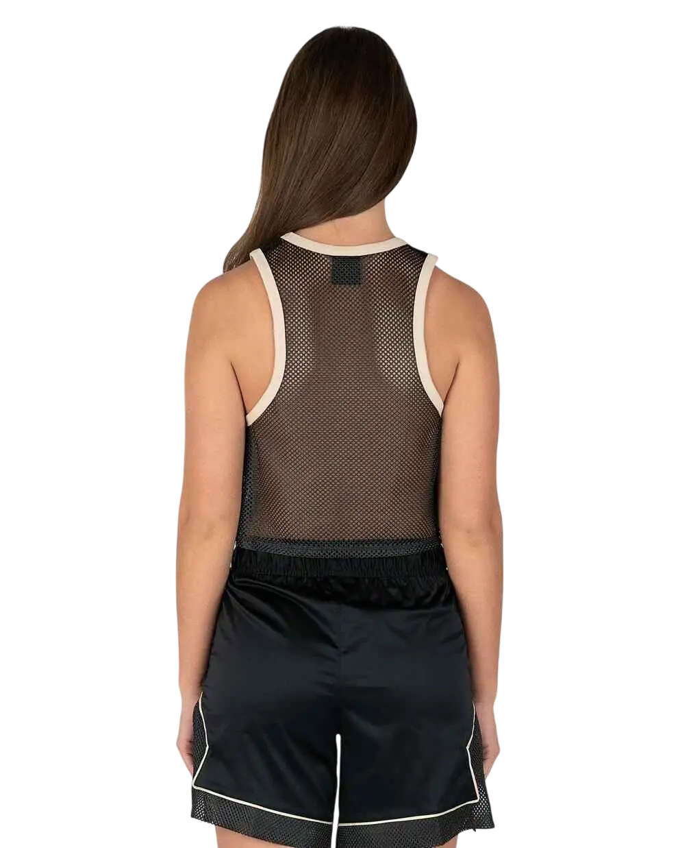 Women’s Jordan essentials jersey tank black mesh tank top with white trim and matching black satin finish shorts