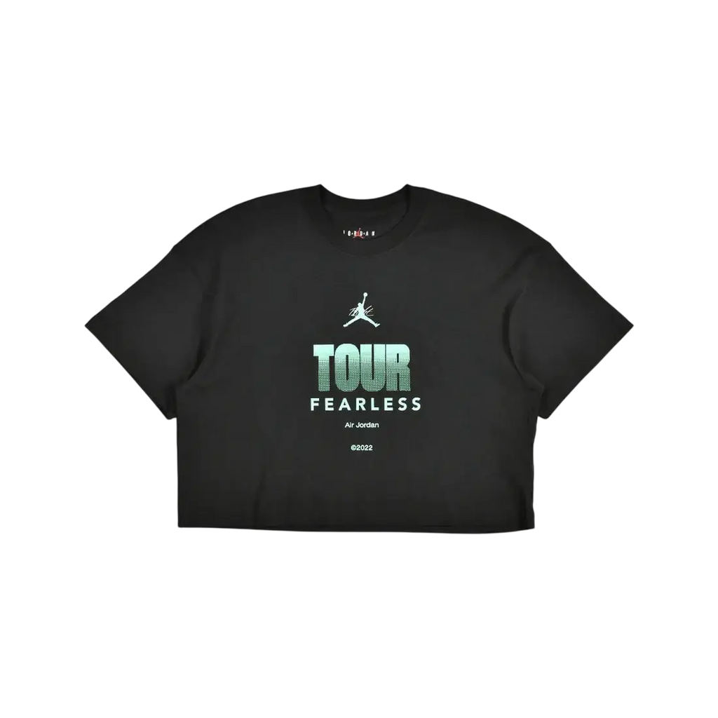 Black cropped women’s Jordan Fearless Tour boxy crew tee with glowing teal tour fearless graphic and air Jordan logo