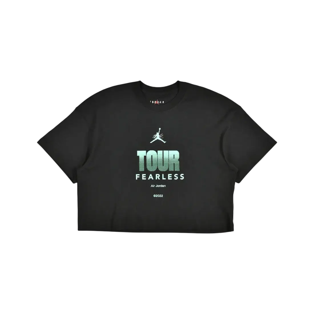Black cropped women’s Jordan Fearless Tour boxy crew tee with glowing teal tour fearless graphic and air Jordan logo