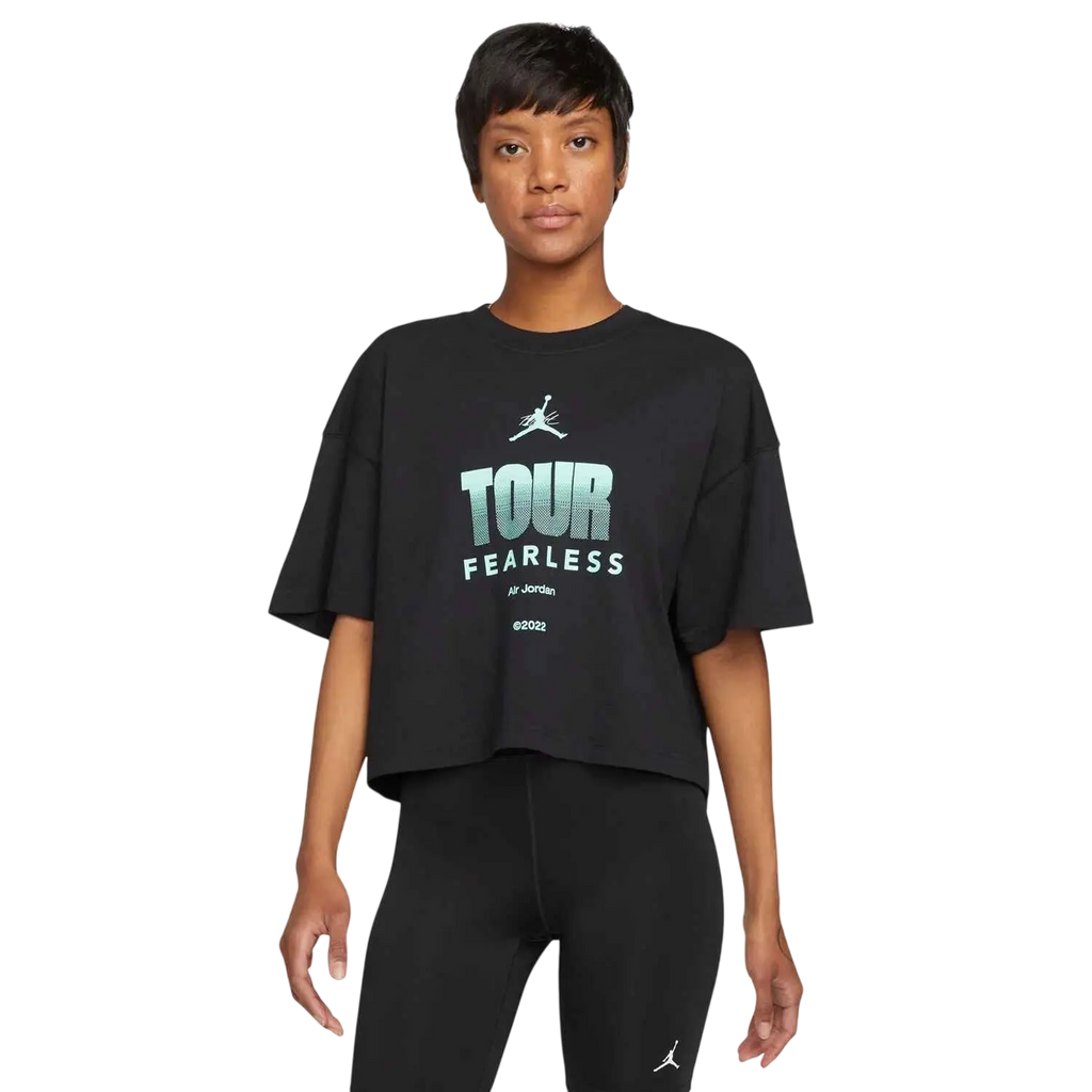 Black cropped women’s Jordan fearless tour boxy crew tee featuring teal and white print with air Jordan logo on front