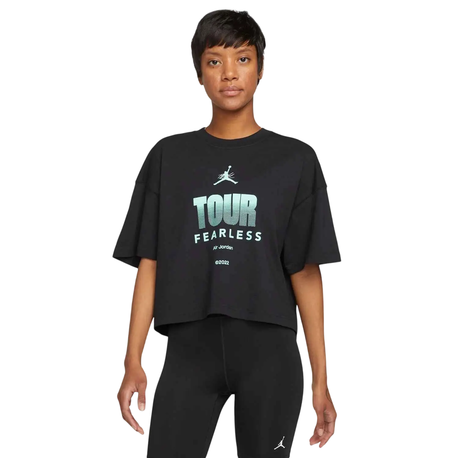 Black cropped women’s Jordan fearless tour boxy crew tee featuring teal and white print with air Jordan logo on front