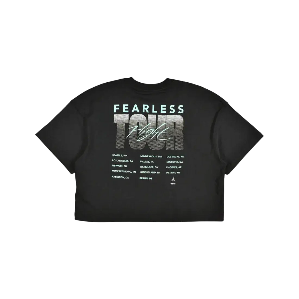 Women’s jordan fearless tour boxy crew tee black with bold silver and white fearless tour graphic and city list on front